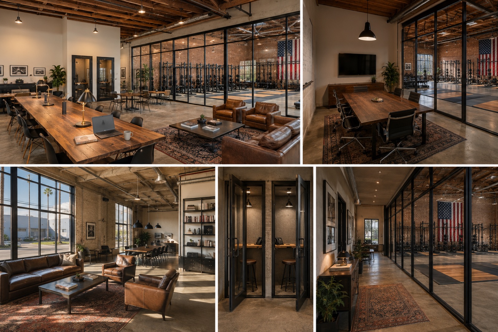 Interior — coworking lounge, conference room, call booths, kitchen bar, framed views of the strength floor.